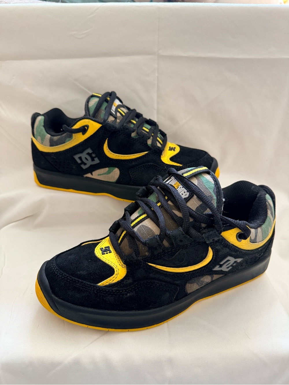 DC Black/Yellow Skate Shoes with Camo Accents